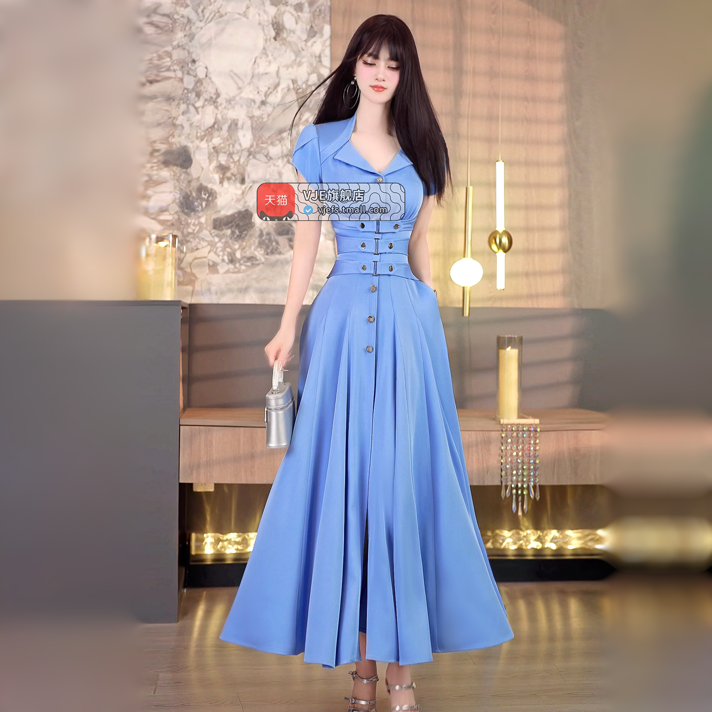 VJE夏季女神范气质减龄过膝收腰长裙2026新款方领A摆修身连衣裙