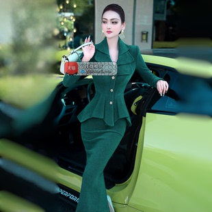 裙 立裁收腰套装 VJE冬季 复古孔雀蓝外套过膝长裙两件套2025新款