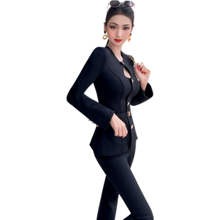 VJE春季别致外套上衣微喇叭裤两件套新款OL气质干练套装