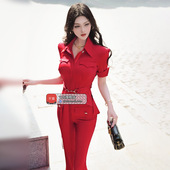职业OL套装 新款 干练短袖 VJE夏季 喇叭裤 薄款 衬衫 两件套 燕尾式
