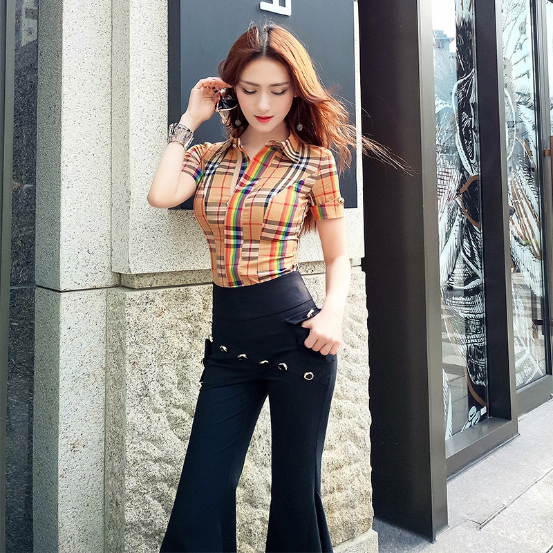 VJE Summer new All-match fashion temperament shirt Show thin Color matching lattice shirt Short sleeved jacketin the Women's clothing/Boutique , Shirt  category - from Buy2taobao.com to provide professional Taobao agent buy service