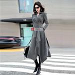 VJE设计师款秋冬不规则裙摆衬衫连衣裙新款过膝条纹开衩长裙