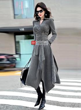 VJE设计师款秋冬不规则裙摆衬衫连衣裙新款过膝条纹开衩长裙