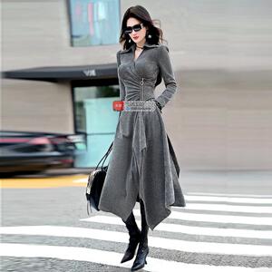 VJE设计师款秋冬不规则裙摆衬衫连衣裙新款过膝条纹开衩长裙