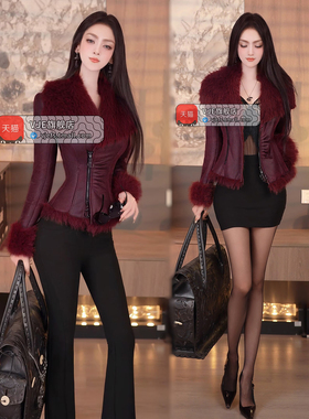 VJE冬季女装复古仿皮修身收腰短外套2025新款大翻领夹克风上衣