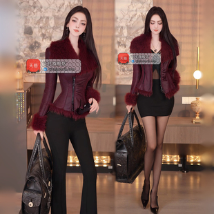 收腰短外套2025新款 复古仿皮修身 大翻领夹克风上衣 女装 VJE冬季