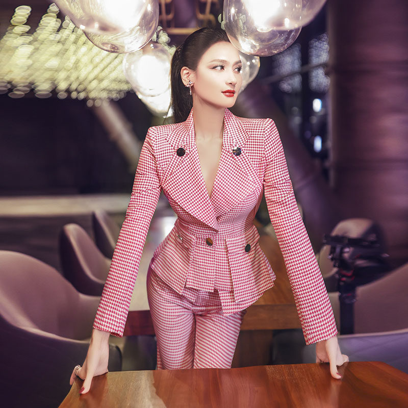 vje春季女装千鸟格职业套装女新款气质小西服长裤两件套