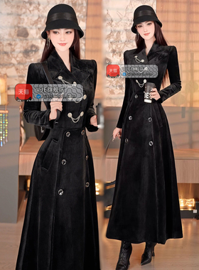 VJE秋冬法式赫本风黑色绒感双排扣大衣女2025新款气质中长款外套