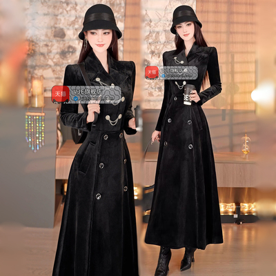 VJE秋冬法式赫本风黑色绒感双排扣大衣女2025新款气质中长款外套