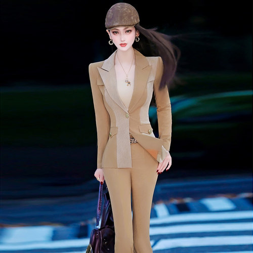 春秋季气质减龄职业套装新款薄款西服外套微喇叭裤整套两件套