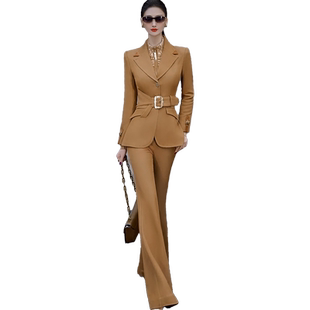VJE秋冬职业OL西服套装女士新款单排扣外套高腰喇叭裤两件套