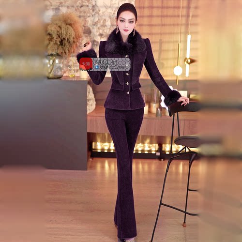 VJE冬季加厚OL职业风套装2025新款可脱卸毛领外套微喇叭裤两件套