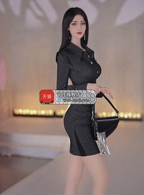 VJE秋季女装设计感抽皱飞袖衬衫裙新款黑色气质女人味连衣裙