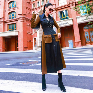 断码 撞色风衣式 清仓 大口袋收腰显瘦连衣裙秋时尚 过膝长裙 工装