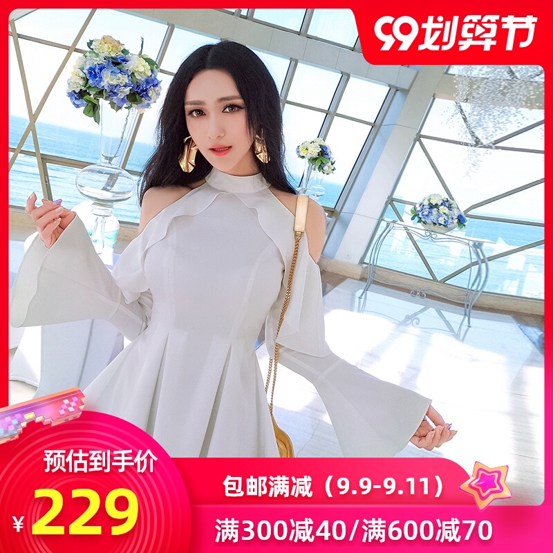 VJE夏装新款韩版通勤气质性感露肩百褶裙摆喇叭袖挂脖衬衫上衣女|msdalam kategori Butik wanita / wanita, shirt - dari Buy2taobao.com untuk memberikan perkhidmatan ejen Taobao profesional membeli