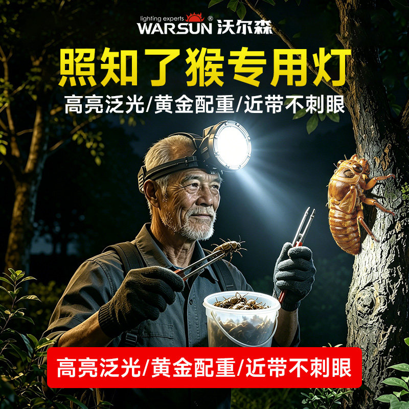 沃尔森头灯充电强光超亮感应户外抓知了猴头戴式照明夜钓超长续航
