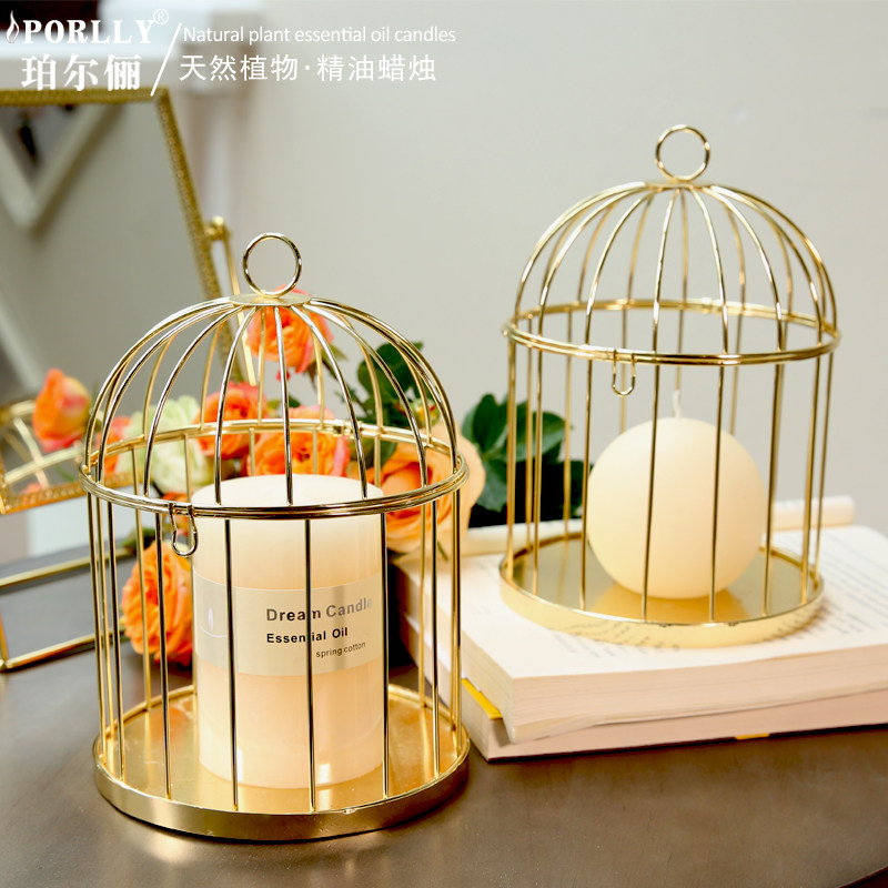 香薰蜡烛烛台铁艺鸟笼装饰婚庆金色摆件灯笼婚房布置装扮蜡拖盘