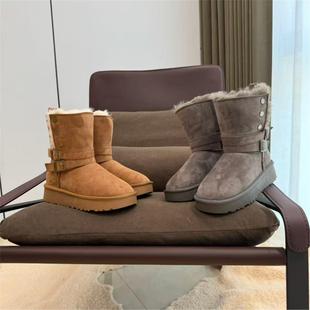 冬季中筒皮带扣女厚底内增高雪地靴麂皮加绒保暖鞋防滑耐磨短靴子