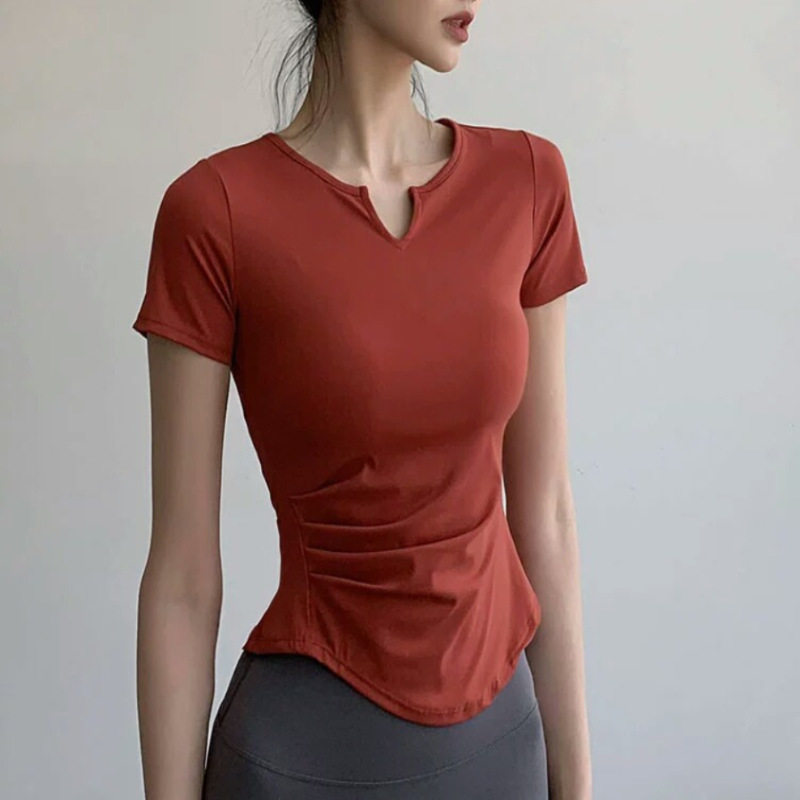 网红速干t恤运动短袖个性小V领夏季薄款紧身显瘦瑜伽服跑步上衣