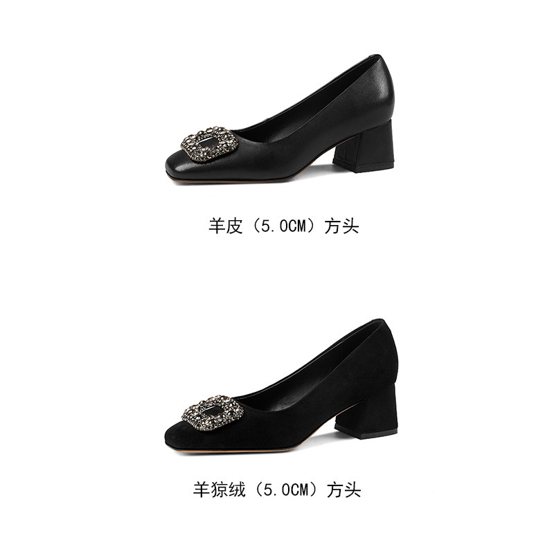 荔枝夫人女士方头粗跟浅口单鞋牛皮猪皮内里舒适气质百搭