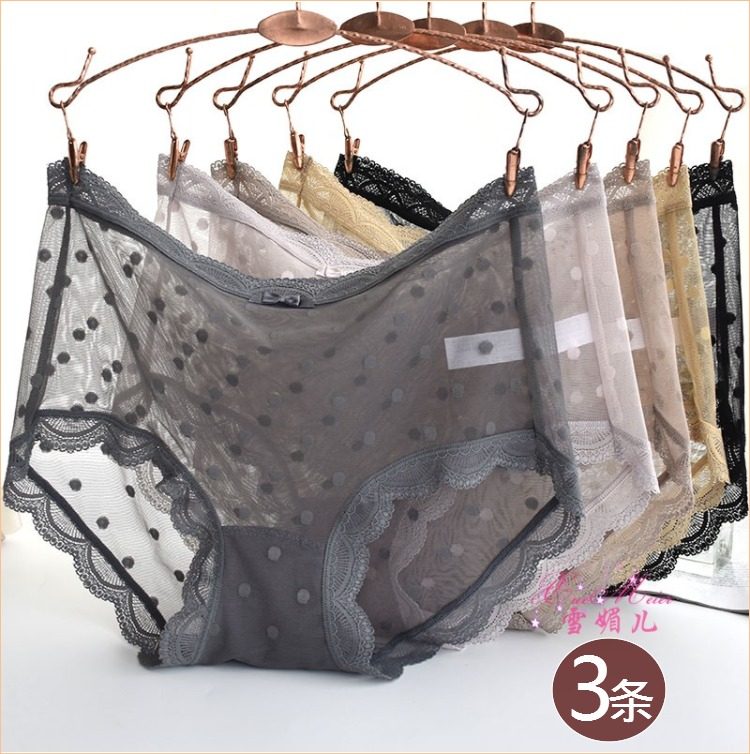 微胖MM中高腰透明透视性感蕾丝女内裤诱惑火辣女士网纱小平角薄款