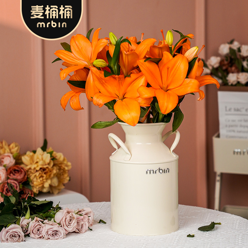 麦桶桶双耳花瓶大号客厅装饰百合芍药玫瑰鲜花水培复古法式插花器