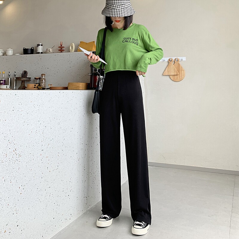 韩版春秋小个子针织阔腿裤长裤女垂坠感高腰宽松黑色直筒拖地裤子