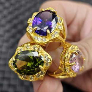 包邮冰种宝蓝色锆石玉石戒指切面粉黄红绿蓝色活口戒指玉指环手饰