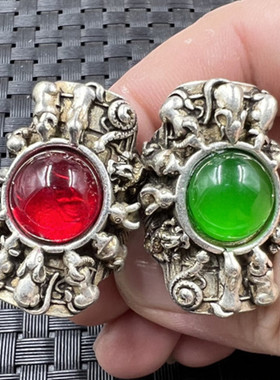 仿玉石镶嵚藏银活口戒指