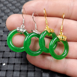 祥和珠宝碧绿色平安环耳环石英岩玉平安扣耳环玉石耳环玉耳坠耳饰