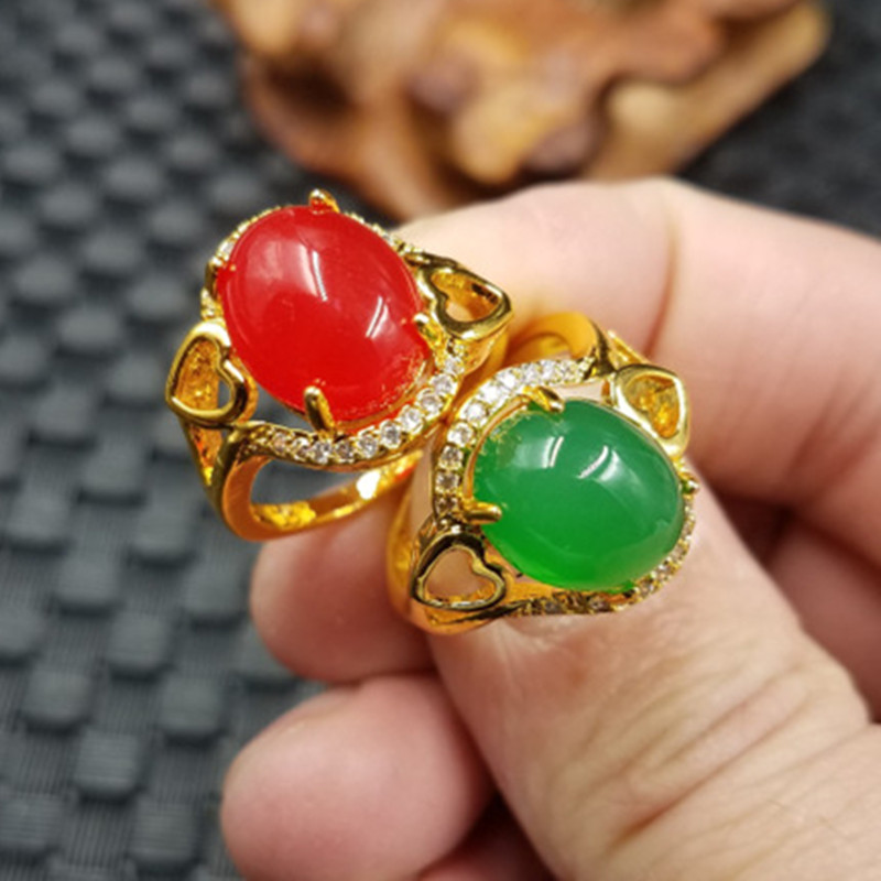 新款精美天然玉石冰种绿玉髓蛋面戒指鸡血红玛瑙戒指指环