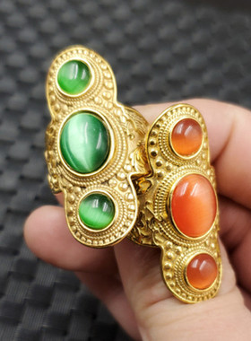 苹果绿戒指橘色个性款猫眼石