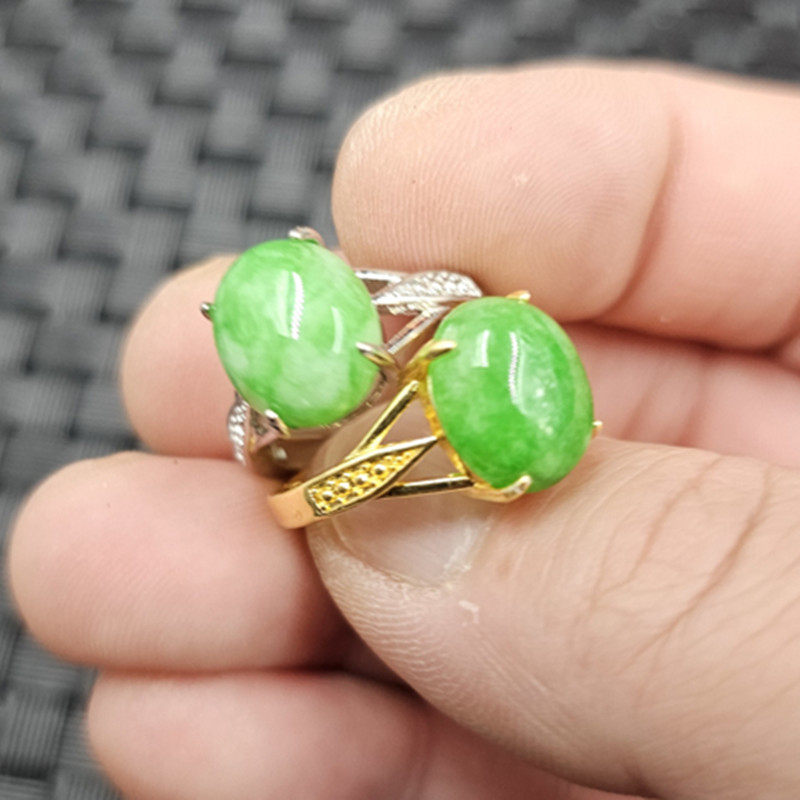 翡翠玉干青蛋面玉石戒指白底青活口戒指椭圆戒指男女同款指环手饰