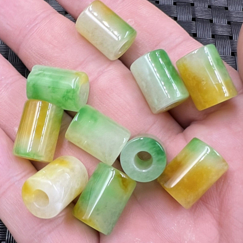 玉石挂件翠绿色路路通挂件石英岩玉桶珠挂件大孔手链项链散珠吊坠