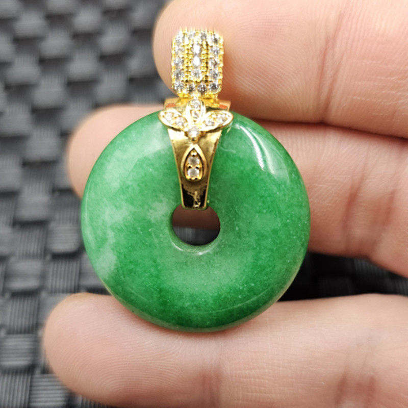 翡翠玉干青平安扣玉石挂件祖母绿白底青平安扣吊坠项链坠玉坠