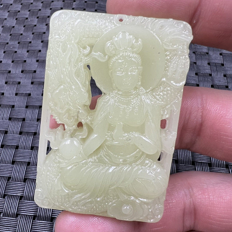 仿和田玉镂空观音吊坠玉牌子玉坠