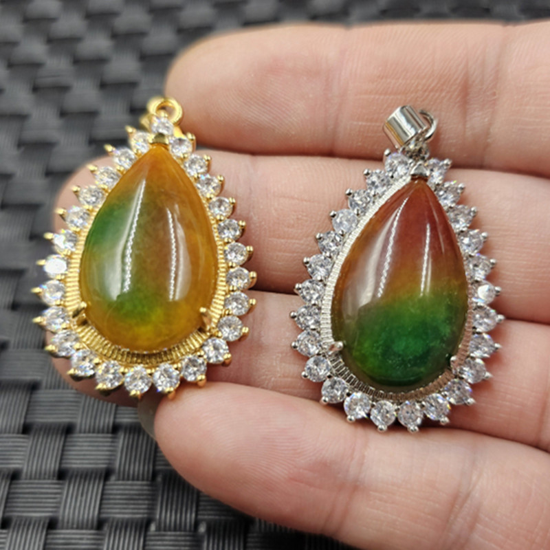 翠玉黄斐水滴玉石挂件红绿宝水滴镶钻吊坠大号项链坠玉水滴玉坠