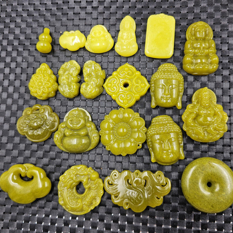 黄岫玉观音佛玉石挂件橄榄绿貔貅牡丹花孔雀生肖龙吊坠项链坠玉牌