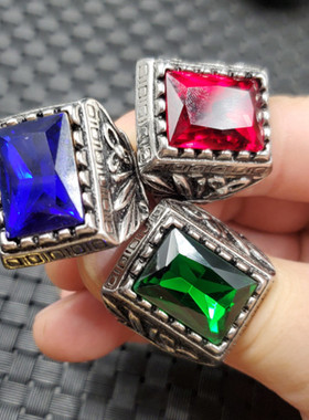 冰种宝蓝色锆石戒指石榴石方形戒指墨绿锆石切面戒指大号戒指仿古