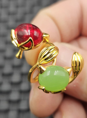 包邮冰种红色猫眼石狐狸玉戒指