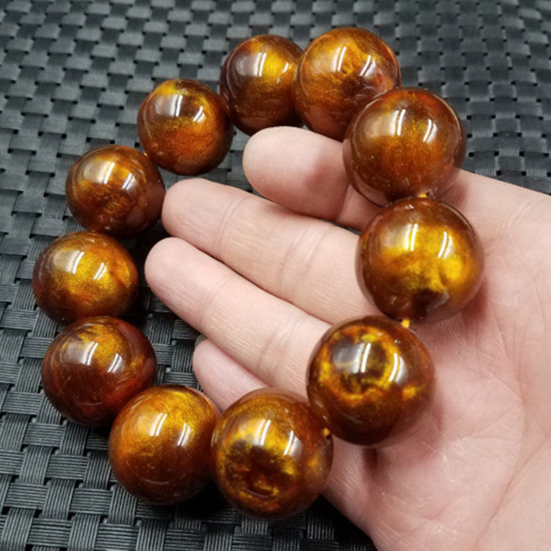 新款精美仿金丝海柳圆珠手链仿蜜蜡琥珀手链24毫米圆珠手串