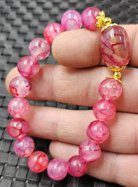 粉冰花玛瑙圆珠玉石手链粉色