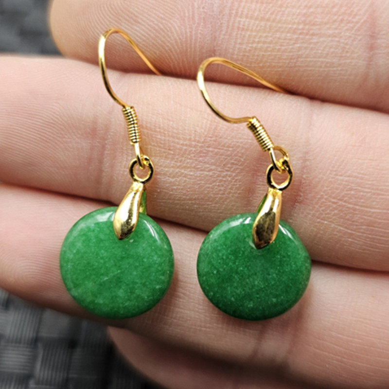 翡翠玉干青平安牌玉石耳环祖母绿满绿圆形无字牌耳坠女款玉耳饰