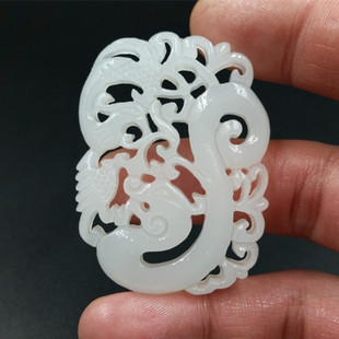 厂家直销天然玉石a货和田白玉龙凤呈祥吊坠方解石玉镂空挂件玉牌