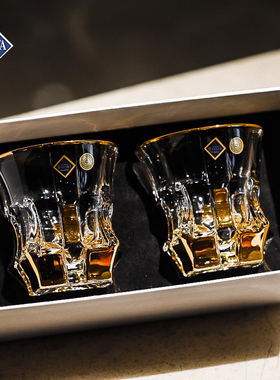 捷克进口BOHEMIA水晶玻璃描金威士忌洋酒杯啤酒水杯子对杯送礼盒