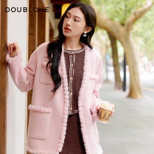 一手长羊毛双面呢大衣水貂毛球