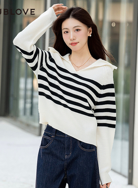 【慵懒海军风】复古条纹套头毛衣含羊毛DOUBLOVE贝爱2025冬季新款