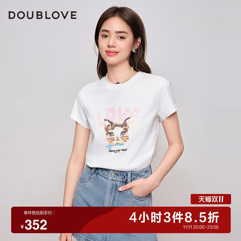 【萌宠小白T】简约猫咪刺绣T恤圆领DOUBLOVE贝爱2025夏季新款
