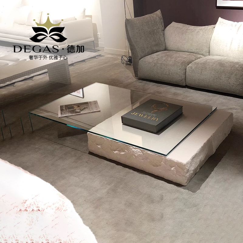 简约现代大理石毛石洞石茶几意式设计感伸缩方形客厅家用玻璃矮桌