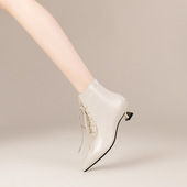 秋冬季 真皮白色尖头系带马丁靴低跟短靴单靴踝靴瘦瘦靴女靴子 新款